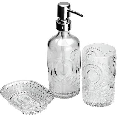 Imagem de Conjunto Kit Banheiro Lavabo 3 Peças em Vidro Transparente – Porta Sabonete Líquido 370ml, Saboneteira e Porta Escovas | Design Elegante, Moderno e Funcional