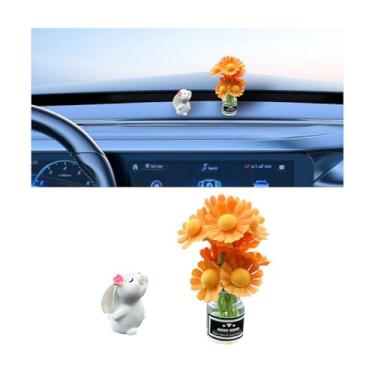 Imagem de Sandfren Conjunto de 2 mini enfeites de espelho retrovisor de carro de margarida de coelho, decorações de painel de veículo de vaso de flores engraçadas, acessórios de painel de carro de coelho Kawaii