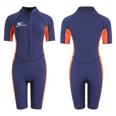 Imagem de Jintaleco Roupa de mergulho infantil com zíper frontal, roupa de mergulho curta para esportes aquáticos infantis, neoprene de 2 mm com mangas curtas, natação em água fria, maiô estiloso para meninos e