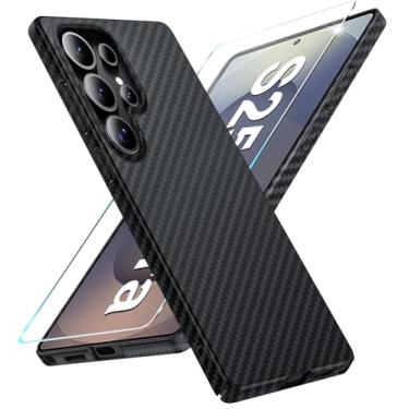 Imagem de Capa de fibra de carbono para Samsung Galaxy S25 Ultra com protetor de tela Slim Fit para Samsung S25 Ultra, capa de telefone resistente, durável, fina, híbrida, PC, capa de proteção rígida 5G (preto)