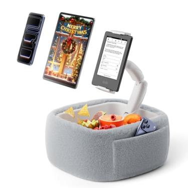 Imagem de LULULOOK Travesseiro Kindle ultra fofo para leitura, suporte de travesseiro para tablet com tigela de lanche e braço dobrável compatível com iPad, telefone e tablet de 4,7 a 13 polegadas para leitura