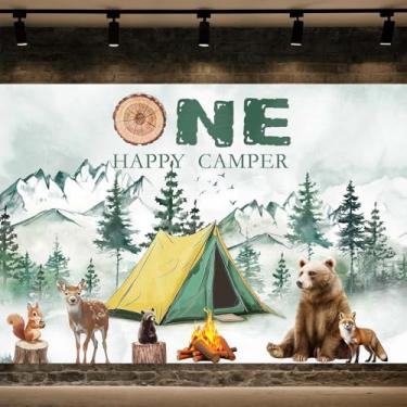 Imagem de Pano de fundo para acampamento, aventura, trailer, cenário de floresta, cenário de fotografia infantil, poliéster para chá de bebê, festa de aniversário, decoração de estúdio, 18 x 1,5 m, acampamento