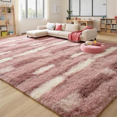 Imagem de FALARK Tapete grande de pelúcia macio 15 x 23 cm, tapetes peludos fofos listrados rosa branco para quarto de meninas, tapete moderno antiderrapante, lavável, tapetes peludos para sala de estar
