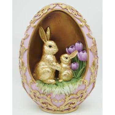 Imagem de pechpell Easter Egg Bunny Figurine, Gold Embossed Resin Decorative Egg Shaped Bunny Decor with Purple Flowers, Spring Rabbit Statue Gifts Indoor Tabletop Centerpiece Mantel Shelf Desk Home Decorations