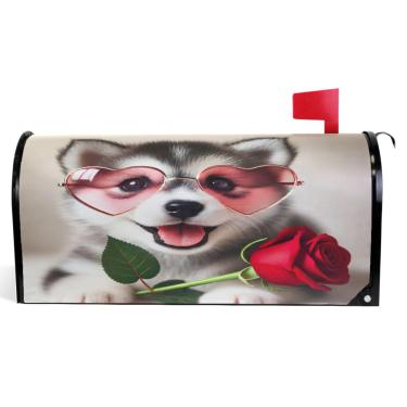 Imagem de TSENQUE Valentine Husky Dog Cute Fall Mailbox Covers Magnetic Seasonal Fall Mail Box Vinyl Modern Mailbox Garden Decor Tamanho padrão 52,6 x 45,8 cm