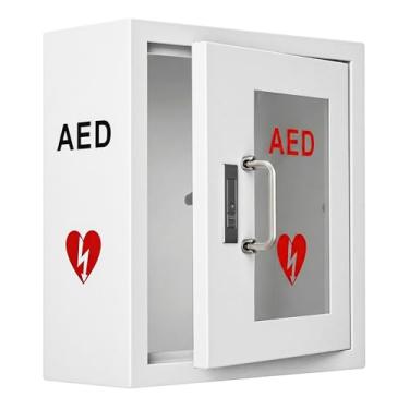 Imagem de RDUIGT Suporte de parede para armário AED, estojo de armazenamento de desfibrilador de aço com janela transparente de PVC, alça e trava de encaixe, gabinete desfibrilador DEA para casa, hospital 35 x