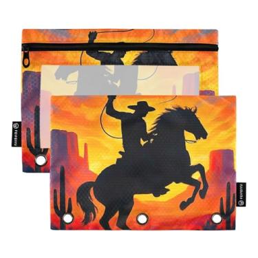Imagem de GAIGEO Bolsa de lápis de cavalo caubói deserto pôr do sol para fichário com 3 anéis, fichário com zíper, bolsas macias para fichários escolares transparentes, bolsos para trabalho 25 x 18 cm, 2
