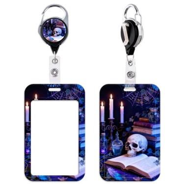 Imagem de Porta-crachá de identificação de livro, carretel retrátil de caveira legal com suporte de identidade, clipe de carretel de crachá gótico para chaves e crachás de identificação para mulheres, crianças