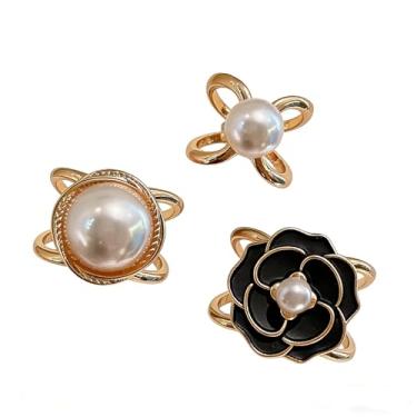 Imagem de SHUEASE Conjunto de anéis de cachecol de flor de pérola de 3 peças, clipes de gravata e fecho de camiseta de metal, fivelas deslizantes para cachecóis, roupas e roupas modernas femininas (ouro rosa)