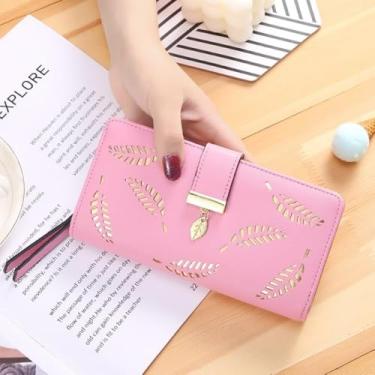 Imagem de Carteira feminina de couro dobrável de folha longa, porta-cartões, fivela com zíper, elegante, carteira clutch para mulheres, Rosa 2, Tendência