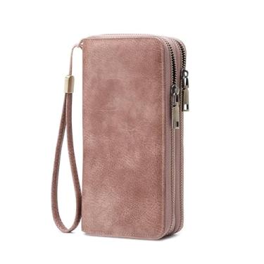 Imagem de Carteira feminina com bloqueio de RFID – Bolsa clutch de couro com zíper de grande capacidade com compartimentos para cartões e suporte para telefone, rosa, Clássicos