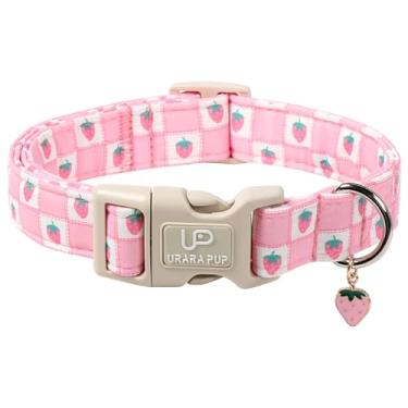 Imagem de Coleira de cachorro dos namorados, coração rosa UP URARA PUP em vermelho, coleira ajustável para animais de estimação com pingente de laço, acessórios de casamento para cães pequenos, médios e grandes