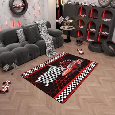 Imagem de Tapete de carro de corrida vermelho, 7,5 x 12,5 cm, para meninas, meninos, crianças, luzes néon, favo de mel, conjunto de tapetes de carros de corrida para quarto, preto, branco, bandeira, esportes