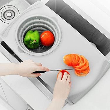 Imagem de Tabua de Corte Multifuncional para Cozinha Pia Cesta Drenagem Plegável Ferramenta Frutas Armazenamento PP Grau Alimentar Fácil Limpar Econômico Espaço