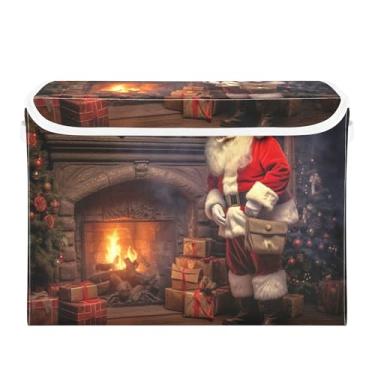 Imagem de SEHANY Linda caixa de armazenamento de Papai Noel de Natal com tampas e alças, organizador de cestas de armazenamento de tecido dobrável, caixas de armazenamento de cubos grandes para roupas, cobertor