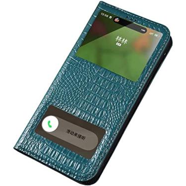 Imagem de FULNES Capa de telefone de janela transparente flip de couro com textura de crocodilo, para Apple iPhone 14 Plus Case 2022 Folio Kickstand Cover, pode atender chamadas rapidamente (Cor: ciano)