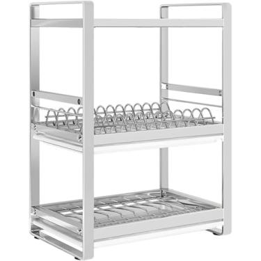 Imagem de Escorredor de louça, escorredor de pratos grande de aço inoxidável para balcão de cozinha, prateleira organizadora de escorredor de pratos destacável com conjunto de suporte de utensílios, cozinha