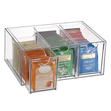 Imagem de ELLDOO Caixa organizadora de saquinhos de chá com 3 gavetas, suporte empilhável de acrílico transparente para despensa de cozinha, armazenamento de lanches em cápsulas de café para armário de bancada