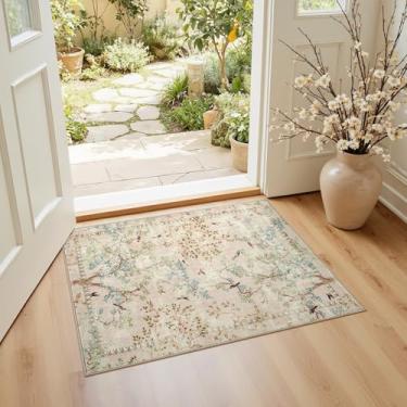 Imagem de jinchan Yarden Botanical Birds Tapetes de área bege 5 x 7 cm para entrada, lavável, antiderrapante, macio, natureza, plantas, moderno, para quarto de crianças, vintage, ultrafino, tapete para sala de