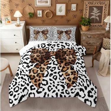Imagem de Erosebridal Jogo de cama casal com estampa de leopardo, para meninas e mulheres, preto e branco, guepardo, com laço, estampa de vida selvagem, para adolescentes e adolescentes, marrom