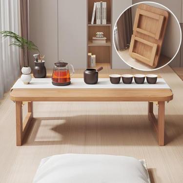 Imagem de Mesa de centro dobrável de bambu estilo japonês, mesa baixa para casa, escritório, sala de estar, mesa de chão dobrável para sentar no chão, cor de madeira, 100 x 50 x 40 cm