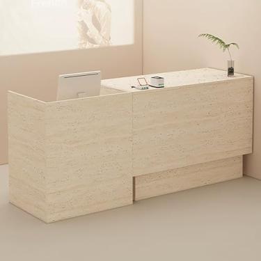 Imagem de Mesa de recepção moderna com orifício para cabo e gaveta com trava - Balcão multifuncional de caixa de varejo com armazenamento aberto, grande recepção para escritório ou loja de varejo (140 cm