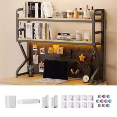 Imagem de Organizador de estante de mesa com painéis perfurados 1 ~ 2 pisos moldura de aço madeira é difícil de deformar, para mesa de computador, dormitório, escritório, casa, três cores (cor: preto + nogueira