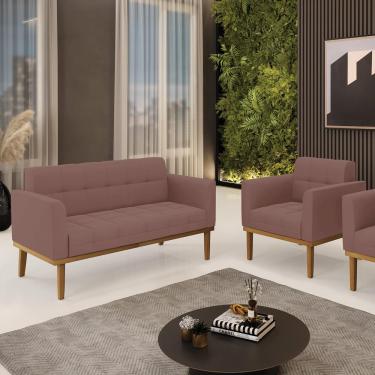 Imagem de Conjunto Poltrona e Namoradeira Decorativas Karen Pés Fixo em Madeira Castanho Veludo Rose G19 - Gran Belo
