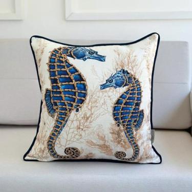 Imagem de Capa Almofada Linhão Cavalo Marinho c/ Debrum Azul 45x45 - AMOFADAS