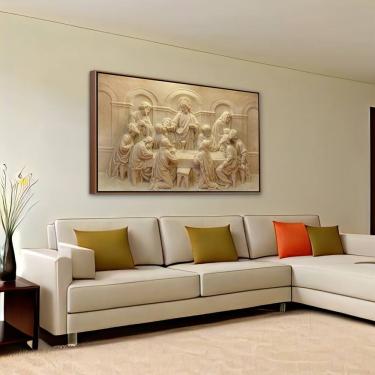 Imagem de Quadro com Moldura Tecido Canvas Santa Ceia Com Jesus 63x93cm