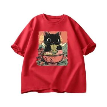 Imagem de Camiseta Feminina Casual De Manga Curta Com Estampa De Gato Preto Fofo