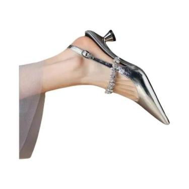 Imagem de Sandálias De Salto Alto Com Fivela De Strass Para Mulheres, Douradas E