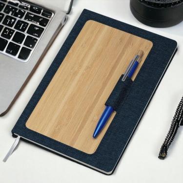 Imagem de Caderno Com Capa Dura Em Bambu Com Suporte De Caneta Azul