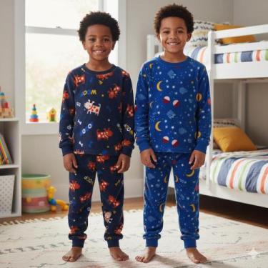 Imagem de Kit 2 Pijamas Infantil Soft Plush Frio Inverno Quentinho Brilha no Esc