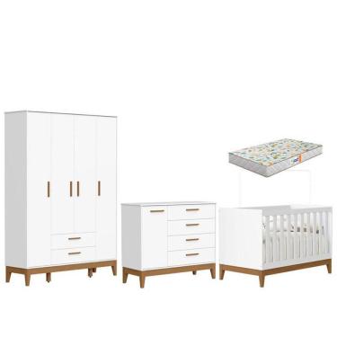 Imagem de Quarto de Bebê Flip Guarda Roupa 4 Portas Branco Acetinado com Colchão Gazin - Reller