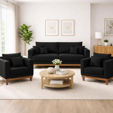 Imagem de Kit 2 Poltronas Living + Sofá 3 Lugares Base Madeira Suede