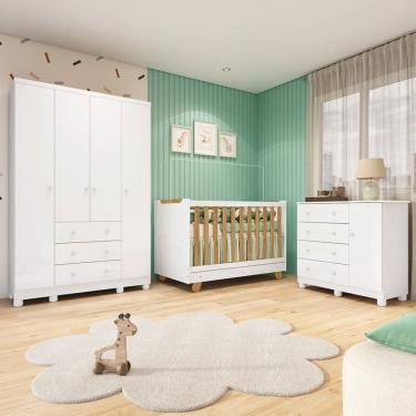 Imagem de Quarto de Bebê Completo Zuri 5 Portas 7 Gavetas 100% Mdf Branco/Amêndoa Brilho - Móveis...