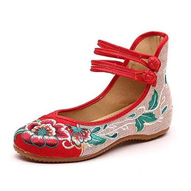 Imagem de TangDao Sapatilhas femininas casuais chinesas bordadas florais cheongsam para caminhar Mary Jane, Vermelho - 1, 5.5