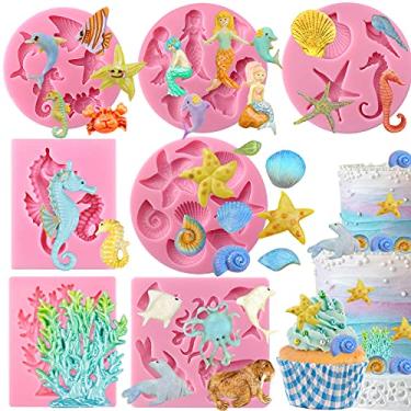 Imagem de Mini criaturas marinhas verão praia doce molde de silicone para decoração de bolos de açúcar, cobertura de cupcake fondant, fundição de joias epóxi de resina UV, projetos de artesanato de argila de polímero, pacote com 7
