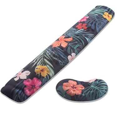 Imagem de BRILA Conjunto de almofada de apoio para mouse e teclado de espuma de memória para computador, laptop, escritório, jogos de PC - design de furos de massagem - fácil digitação para alívio de dor de pulso (folhas florais)
