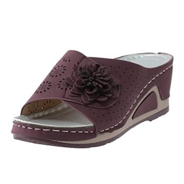 Imagem de Sandálias femininas plataforma de couro de cor sólida sandálias femininas flor oca respirável anabela casual slip (roxo, 8)
