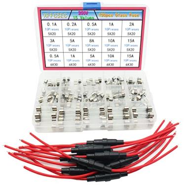Imagem de XFFCSEC 10 peças 5 x 20 mm Porta-fusíveis tipo parafuso com fio 18 AWG + 150 peças de fusível de vidro de sopro rápido kit sortido Amp 250V 0,1A,0,2A,0,5A,1A,2A,3A,5A,10A,15A,5x20mm, 0,5A,10A,15A,6x30mm