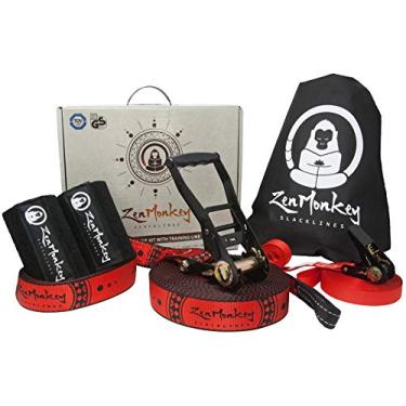 Imagem de Kit ZenMonkey Slackline com linha de treinamento aéreo, treinador de braço, protetores de árvore, bolsa de transporte de tecido e instruções, 1,8 m – fácil configuração para a família, crianças e