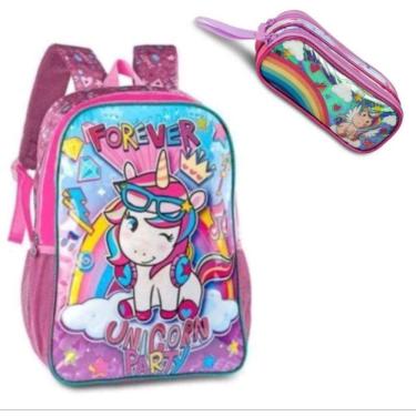 Imagem de Kit escolar infantil unicórnio Mochila infantil unicórnio+ estojo duplo 