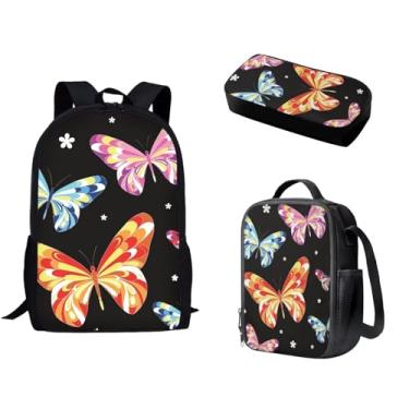 Imagem de Spowatriy Butterfly Conjunto de mochila escolar de 43 cm para meninos e meninas, 3 peças, mochila de estudante, com vários bolsos, lancheira e estojo de lápis, mochila para acampamento, caminhada,