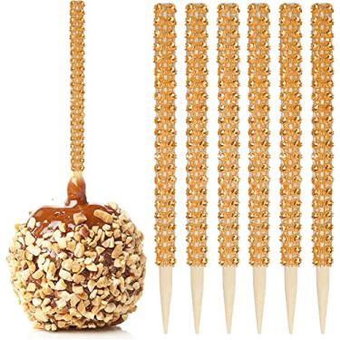 Imagem de 32 PÇS Bling Candy Apple Bamboo Sticks, Maçã Caramelo Espetos pontudos de madeira com strass, Envoltório de malha de diamante para frutas Pop Dec Bar para mesa de sobremesa, chá de aniversário, bufê de casamento (laranja)