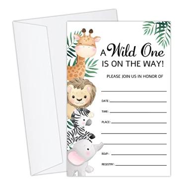 Imagem de Utaqer Cartões de convite para chá de bebê de animais da selva, safári, vegetação, 10 x 15 cm, conjunto de 25 envelopes, festa de revelação de gênero para meninos e meninas, suprimentos de festa de