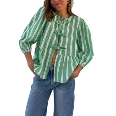 Imagem de Blusas femininas com laço frontal 3/4 com babados manga bufante xadrez xadrez xadrez blusa peplum Y2k camisetas de verão com laço, Listras verdes-1, G