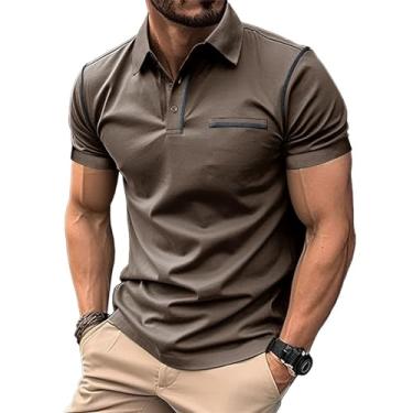 Imagem de Camisa masculina casual clássica de manga curta para golfe com botões de algodão, Caqui, G
