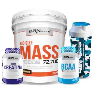 Imagem de Kit Big Size Mass Chocolate 6kg + BCAA 100g + Creatina Foods 100g + Coqueteleira – BRN Foods